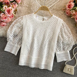 Women Blouses O-neck Puff Sleeve Crochet Floral Shirts Chic Hollow Out Blouse Lace Sweet Temperament Tops