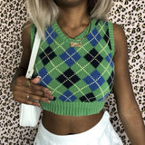 Plaid Knitted Sweater Vest Women Streetwear Preppy Style Korean Clothing Striped V Neck Tank Top Y2K