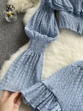 Ruffled Elastic Women Solid Set Square Neck Flare Sleeves Tops+ Mini Shorts French Style Elegant Two Piece