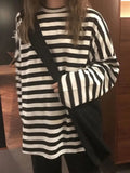 Autumn Women Harajuku Striped Tshirt Long Sleeve O-Neck T-Shirts Ulzzang Korean Casual T Shirt Femme Black Tops-Outfit