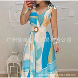 New E-Commerce Blue Lace Dress Female Non-Positioning Printing With Belt In Stock-Outfit