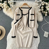 2022 Autumn OL Knitted Sets Pocket Long Sleeve Cardigan+ Midi Long Tank Top Knit Dress Ladies Sweater Two Pieces
