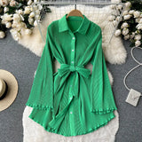 Ruffles Design Autumn Vintage Dress Temperament Lapel Flare Sleeve Senior Single Breasted Women Solid Midi Long