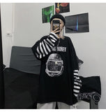 Tshirt Casual Letter Print O-Neck Stripe Tees Creativity Loose T-Shirts Women Long Sleeve Oversize Top Hip Hop
