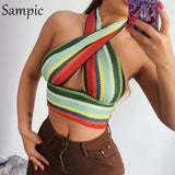 Chic Summer O Neck Knitted Cotton Tank Dresses Women Party Club Sleeveless Mini Wrap Bodycon Striped Fashion Dress