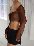2023 Sexy Y2K Women Mesh Sheer T-shirts Exposed Navel Crop Tops Long Sleeve Square Neck Tie-Up See Through T-shirts-Outfit
