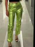 Fall Casual Baggy Pu Leather Faxu Pants Women 2022 High Waist Green Fashion Straight Pants Pockets Pink Trousers