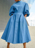 Turtleneck Puff Sleeve Pleated Long Skater