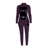 Women Bodycon Jumpsuit Solid Color Overalls Long Sleeves Rompers Bodysuits High Neck Hollow Out Buckle Biker Short