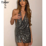 Deep V Neck Sequin Mini Dress Women Sexy High Waist Sleeveless Backless Clubwear Bodycon Side Split Black Dresses