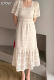 Korean Soft Girl Square Collar A Line Midi Dress Summer Lace Embroidery Party Dresses Office Lady Casual Vestidos