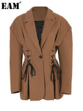 Women Brown Bandage Pleated Elegant Blazer New Lapel Long Sleeve Loose Fit Jacket Fashion Tide Spring Autumn 2023