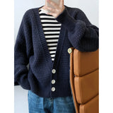 Women's Big V Neck Oversize Ruched Knitted Cardigan Lantern Sleeve Loose Sweater