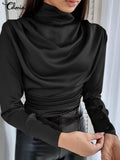 Vintage Party Tops 2022 Fashion Pleated Solid Satin Blusas Stacking Women Long Sleeve Elegant Blouses High Collar