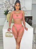 Summer Clothes Sexy 2 Two Peice Sets Women Outfits Sleeveless Crop Top Women Skinny Shorts Patchwork Mesh Matching