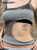 y2k Knitted Crop Top Cut Out Asymmetrical Camis Backless Patchwork Sexy Women Chic Grey Grunge Mini Vest Retro