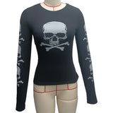 Women Goth T-shirts Crop Tops Spring Autumn Vintage Clothes y2k 2000s Slim Skull Printed Long Sleeve Tops Female Clothing-Outfit