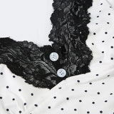 Polka Dot Crop Top Sexy Buttons Contrast Lace Patchwork V-neck Camisole Coquette Casual Basic Tank Tops All-match-Outfit