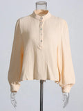 Elegant Solid Loose Shirt For Women Lapel Collar Long Lantern Sleeve Button Through Blouses Female Spring Fashion