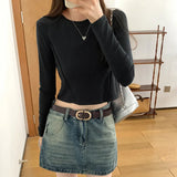 Three-Dimensional Fishbone Round-Necked Blouse Women's Long-Sleeved Autumn And Winter New Minority Short Spicy Girls T-Shirt Ins-Outfit