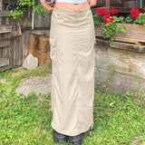 Fashion Low Waist Solid Long Skirt Y2k Women High Waist Retro Ruched Cargo Skirts Long Slit Tech Outfits