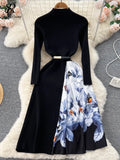 Print Patchwork Women Sweater Dress Half High Collar Rero Sashes Sheath Dress Winter Fashion Knitted A Line Long
