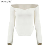 Asymmetrical White Knitted Blouse Women Sexy Long Sleeve Bodycon Blouse Black Ladies Basic Knitwear Tops