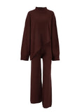 Asymmetrical Pullovers Knitted 2 Piece Set Women Casual Turtleneck Sweater And Pants Irregular Winter Warm