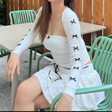 Desire Atmosphere Feeling Girl Little Sexy Bow Splicing Slim Chest Ultra-Short Blouse Two-Piece Set 2024 New Style-Outfit