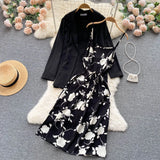 Autumn Women Floral Dress Suits Print Strap Dress+ Long Sleeves Loose Blazer Sets Office Lady Jackets Two Pieces