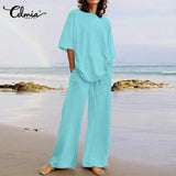 Celmia Fashion Women 2pcs Sets 2022 Summer Casual Loose Holiday Pocket Belted Set Half Sleeve O-neck Top and Wide Leg Pant