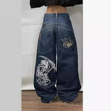Y2K Gothic Jeans Male High Street Personality Pattern Loose Straight Tube Wide-Outfit