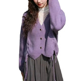 Left Bank Lazy Purple V-Neck Knitted Cardigan Blouse 2024 Autumn And Winter New Small Sweater Coat-Outfit
