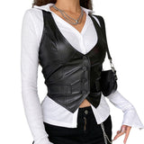Women Vest Leather Crop Tops Summer Clothes V Neck Sleeveless Button Closure Design Slim Breathable Tank Tops Streetwear-Outfit