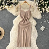 Women Summer Knitted Dress Squre Neck Sleeveless Backless Sheath Sundress Streetwear Ladies Sexy Party Long