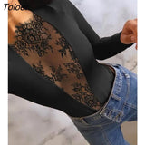 Bodysuits Contrast Lace Long Sleeve Bodysuit & 2023 Europe America Fashion Women's Clothing Skinny Daily Night Out