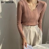 Autumn Deep O-neck Women Basic Slim Warm Knitted Tops Casual Skinny Stretch Long Sleeve Female Pullover Sweaters