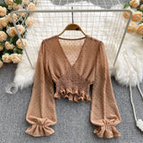 2021 Autumn Fashion Korean Women Blouse Long Sleeve V Neck Elastic Ruched Slim Tops Elegant Streetwear Short