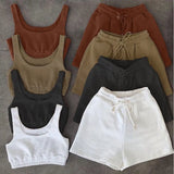 Solid Sportswear 2 Two Piece Sets Women 2021 Crop Top And Drawstring Shorts Matching Suits Summer Athleisure Outfits