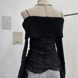 Real Shooting Of Waste Soil Wind Word Leakage Collar Collar Collar To Make Old Hole Sling Knitted Shirt With Short Sweater