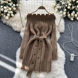Off Shoulder Sexy Knitted Dress Long Sleeve Lace Up Midi Warm Dress Autumn Women Slash Party Sweater