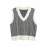 Houndstooth Knitted Vest Autumn Casual V-Neck Sleeveless Sweater Tops Winter Fashion Female Waistcoat Pullover Jumper