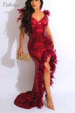 Feather Sequin Backless Maxi Dress Party Elegant Luxury Evening Dresses 2023 Going Out Womens Sexy Clothing