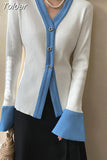 Fashion Women Knitted Cardigan V-neck Spliced Denim Flare Sleeve Contrast Color Sweater Coat Spring 2023 Trend New