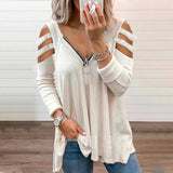 Spring Off Shoulder Hollow Out Striped Solid Women Blouse V-neck Zipper Patchwork Pleated Loose Female Blouses Casual