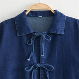 Women's Spring New Collar Bows Decorated With Long-Sleeved Pocket Wash Denim Shirt Pocket
