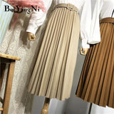 Korean Style Pleated Midi Skirt Women Casual New Fashion High Elastic Waist Skirts Black Pink Elegant Skirt Belt