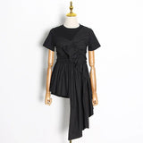 Eelegant Patchwork Ruffle Woman's T-shirt O Neck Short Sleeve Ruched Asymmetric Oversize Casual Shirt Female