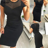 Women Short Sleeve Mesh Stitching See Through Bodycon Knee-length Dress Ladies Office Work Basic Shirt