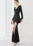 Winter Elegant Deep V Neck Long Sleeve Slit Cocktail Eevening